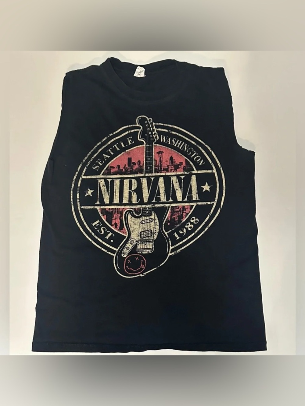 Vintage Nirvana Seattle Guitar Cut-Off Sleeveless Graphic Band Tee Black